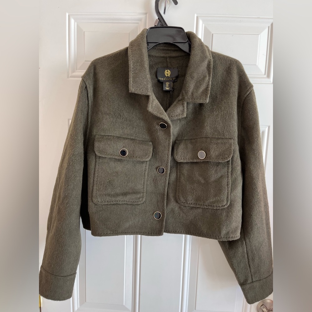 NWT HOUSE OF HARLOW Cropped Wool Blend Jacket Green Flap‎ Button Pockets Women L